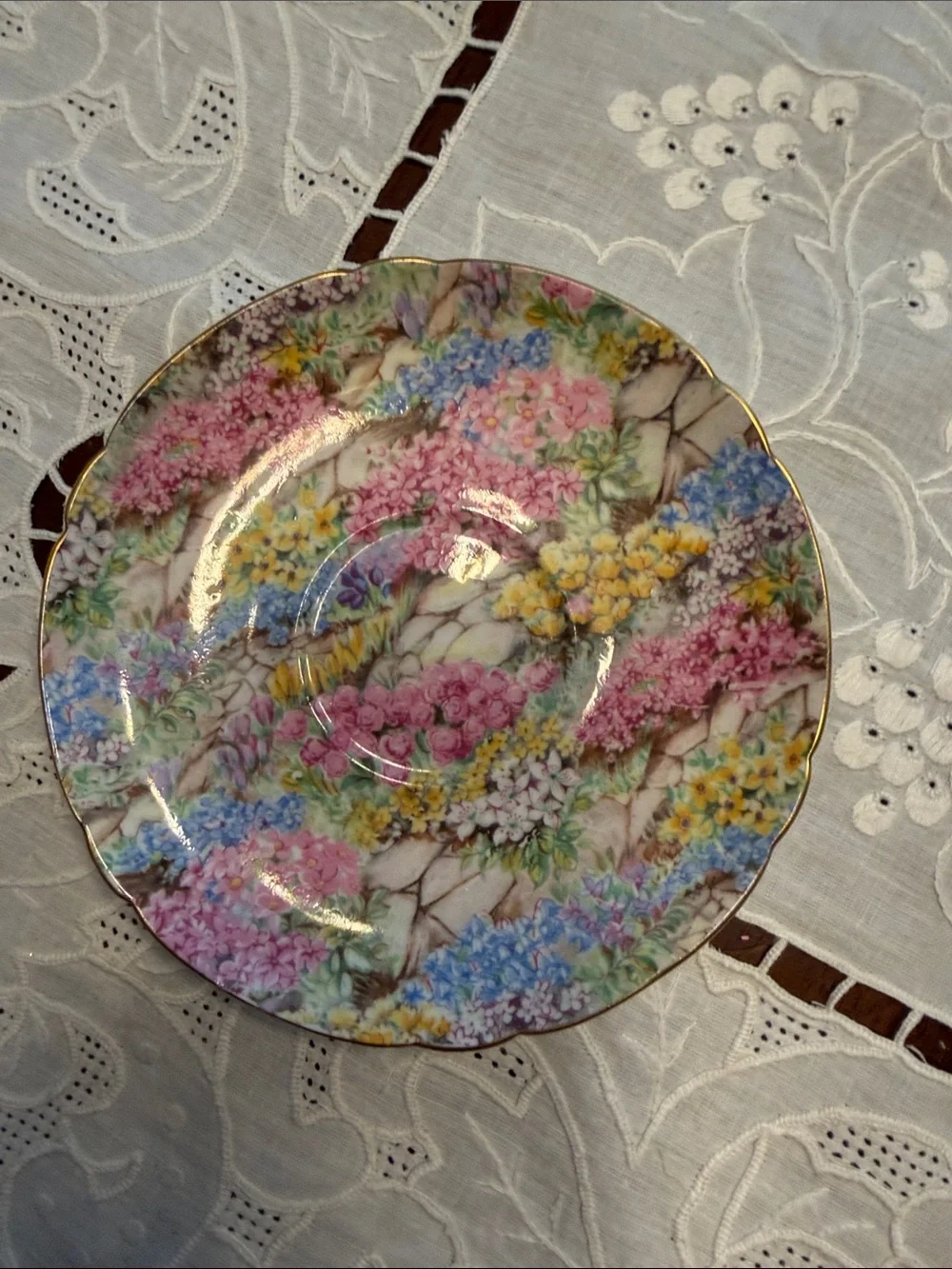 Floral Gold-Trim Porcelain Teacup and Saucer - Pink, Yellow, Blue